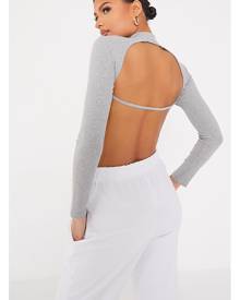 ISAWITFIRST.com Grey Marl Cotton Rib Cut Out Back High Neck Crop Top - 4 / GREY
