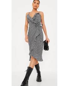 ISAWITFIRST.com Black Woven Polka Dot Frill Detail Wrap Midi Dress - XS / BLACK