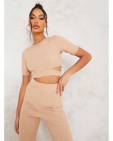 ISAWITFIRST.com Taupe Cut Out Short Sleeve Rib Crop Top - 4 / BEIGE