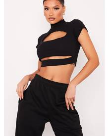 ISAWITFIRST.com Black Ribbed High Neck Cut Out Crop Top - 4 / BLACK