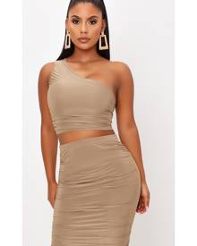 ISAWITFIRST.com Taupe Double Layer Slinky Ruched One Shoulder Crop Top - 4 / BEIGE