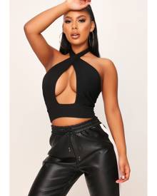 ISAWITFIRST.com Black Crepe Halterneck Crop Top - 4 / BLACK