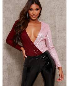 ISAWITFIRST.com Burgundy Two Tone Sequin Bodysuit - 4 / RED