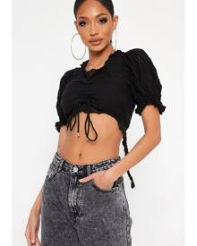 ISAWITFIRST.com Black Broderie Anglais Ruched Puff Sleeve Crop Top - XS / BLACK