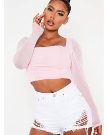 ISAWITFIRST.com Pink Mesh Ruched Front Long Sleeve Crop Top - 4 / PINK