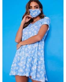 ISAWITFIRST.com Blue Floral V-Neck Short Sleeve Smock Dress With Matching Mask - 4 / BLUE