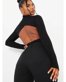 ISAWITFIRST.com Black Jersey Wrap Back Detail Long Sleeve Bodysuit - 4 / BLACK