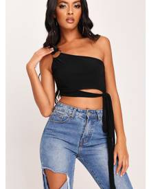 ISAWITFIRST.com Black One Shoulder Double Layer Slinky Crop Top - 6 / BLACK