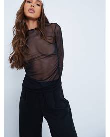 ISAWITFIRST.com Black Mesh Ruched Side Long Sleeve Top - 4 / BLACK