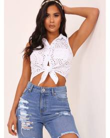 ISAWITFIRST.com White Lace Sleeveless Tie Front Shirt - XS / WHITE