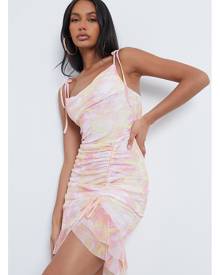 ISAWITFIRST.com Pink Mesh Marble Print Tie Strap Ruched Bodycon Dress - 4 / PINK