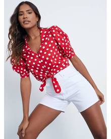 ISAWITFIRST.com Red Polka Dot Tie Front Puff Sleeve Cropped Shirt - 4 / RED