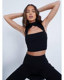 ISAWITFIRST.com Black Open Front High Neck Sleeveless Crop Top - 4 / BLACK