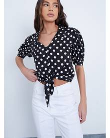 ISAWITFIRST.com Black Polka Dot Tie Front Puff Sleeve Cropped Shirt - 4 / BLACK