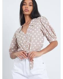 ISAWITFIRST.com Stone Polka Dot Tie Front Puff Sleeve Cropped Shirt - 4 / BEIGE