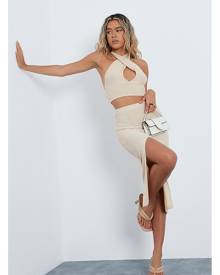 ISAWITFIRST.com Stone Knitted Crop Top With Cut Out Midi Skirt Co-Ord Set - 4 / BEIGE