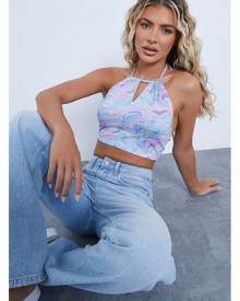 ISAWITFIRST.com Blue Abstract Print Halter Neck Crop Top - 4 / BLUE