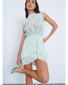 ISAWITFIRST.com Mint Green Lace And Ruffe Detail Mini Skater Dress - 4 / GREEN