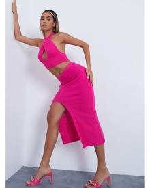 ISAWITFIRST.com Pink Knitted Crop Top With Cut Out Midi Skirt Co-Ord Set - 4 / PINK