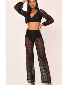 ISAWITFIRST.com Black Crochet Lace Wrap Front Long Sleeve Crop Top - 6 / BLACK