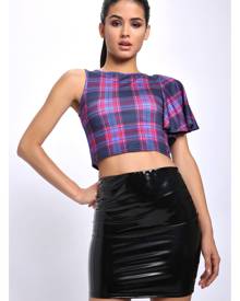 ISAWITFIRST.com Navy/Red Checkered One Sleeve Ruffle Crop Top - 6 / BLUE