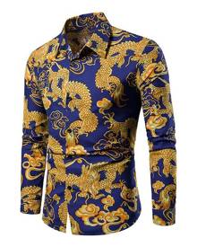 milanoo.com Men Casual Shirt Chinese Dragon Print Slim Fit Red Long Sleeve Shirt