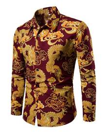 milanoo.com Men Casual Shirt Chinese Dragon Print Slim Fit Red Long Sleeve Shirt