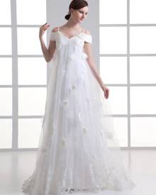 milanoo.com Ivory Floral Off-Shoulder Tulle A-line Wedding Dress