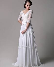 milanoo.com Boho Wedding Dress Vintage A-Line Lace Chiffon Half Sleeves V-neck Backless Boho Wedding Dress