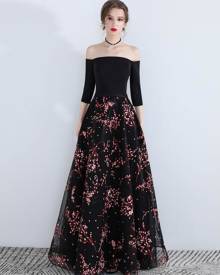 milanoo.com Prom Dresses Long Off The Shoulder Floral Print Floor Length Formal Evening Dress