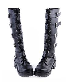 milanoo.com Milanoo Gothic Black Lolita Boots Square Heels Platform Shoelace Straps Buckles