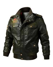 milanoo.com Man\\'s Leather Jacket Retro Words Print Moto Jacket Fall Black