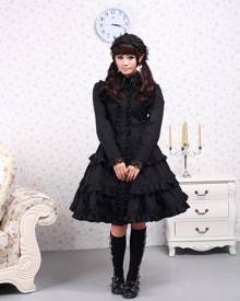 milanoo.com Milanoo Pure Black Cotton Lolita One-piece Dress Long Sleeves Ruffles Lace Trim