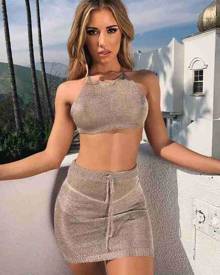 milanoo.com Sexy Skirt Set Haltr Backless Semi Sheer Crop Top With Mini Skirt