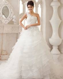 milanoo.com Ivory A-line One-Shoulder Ruched Court Train Bridal Wedding Dress Milanoo