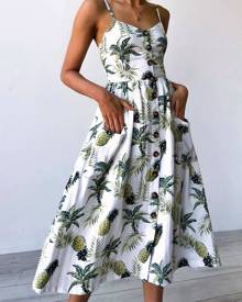 milanoo.com Long Summre Dress White Straps Fruit Print Buttons Slip Dress