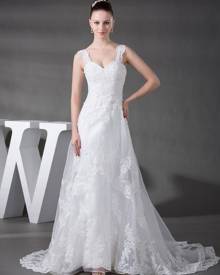 milanoo.com Straps Wedding Dress Lace Applique Beading Organza Pleated A-Line Chaple Train Bridal Dress