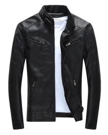 milanoo.com Black Leather Jacket 2020 Zipper Pockets Pu Slim Fit Moto Jacket For Men