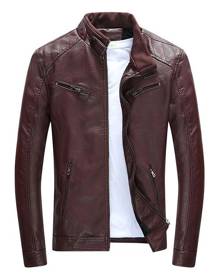 milanoo.com Black Leather Jacket 2020 Zipper Pockets Pu Slim Fit Moto Jacket For Men