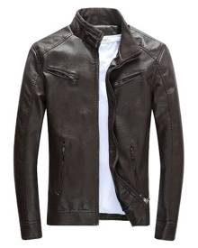 milanoo.com Black Leather Jacket 2020 Zipper Pockets Pu Slim Fit Moto Jacket For Men