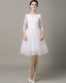 milanoo.com Panel Train Short Wedding Dress Bateau Lace Applique Ribbon Sash Tulle Prom Dress Milanoo
