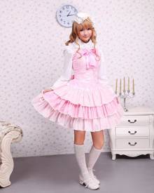 milanoo.com Milanoo Cotton Pink Lace Front Ties Bow Sweet Lolita Dress