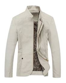 milanoo.com Overcoat Navy Men Stand Collar Long Sleeve Cotton Jacket Zipper Moto Jacket