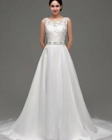 milanoo.com Milanoo Tulle A-line Lace Bodice Chapel Train Wedding Dress With Rhinestone Sash