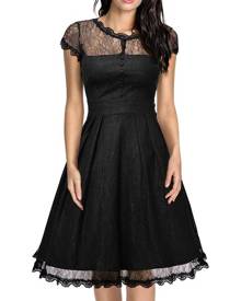 milanoo.com Lace Vintage Dress Black Cap Sleeve Cut Out Semi-sheer Ruffle A Line Flared Dress