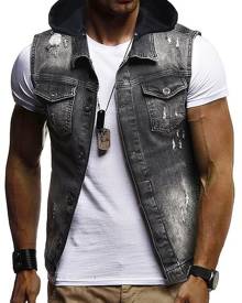 milanoo.com Men Denim Jacket Patchwork Distressed Pocket Sleeveless Hooded Gilet