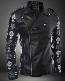 milanoo.com Black Leather Jacket Floral Print 2020 Surplice Zipper Designed Collar Moto Jacket For Men