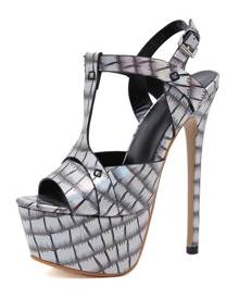 milanoo.com Women\'s T-bar High Heel Sexy Sandals Peep Toe Platform Iridescent Croco Print Shoes