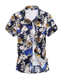 milanoo.com Men Beach Shirt Cotton Floral Print Plus Size Navy Blue Short Sleeve Shirt