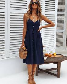 milanoo.com Long Summer Dress With Pockets Straps Buttons Deep Blue Slip Dress